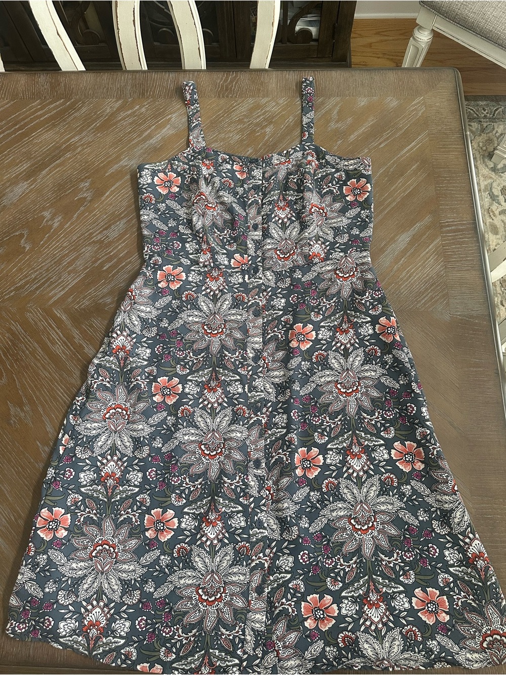 Loft Floral Print Spaghetti Strap Dress - Gray with Pink Flowers